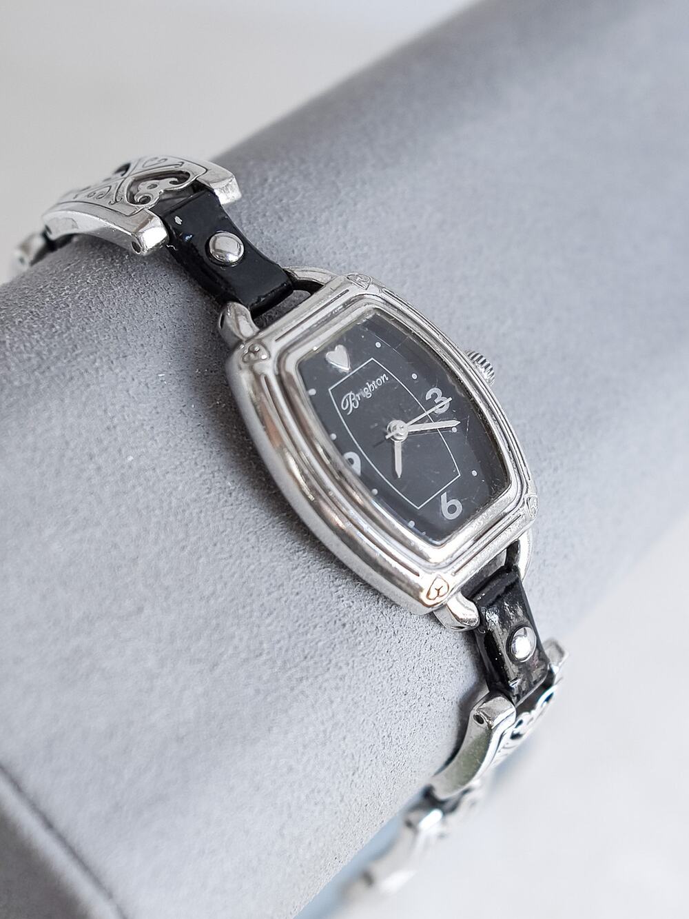 Brighton Bismark Black Leather Silver Plated Links Watch Quartz Fold Over Clasp